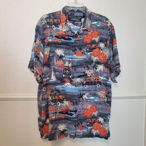 Newport Blue Men's XL Hawaiian Shirt VW Bus Tropical Beach Button Down Short Sle